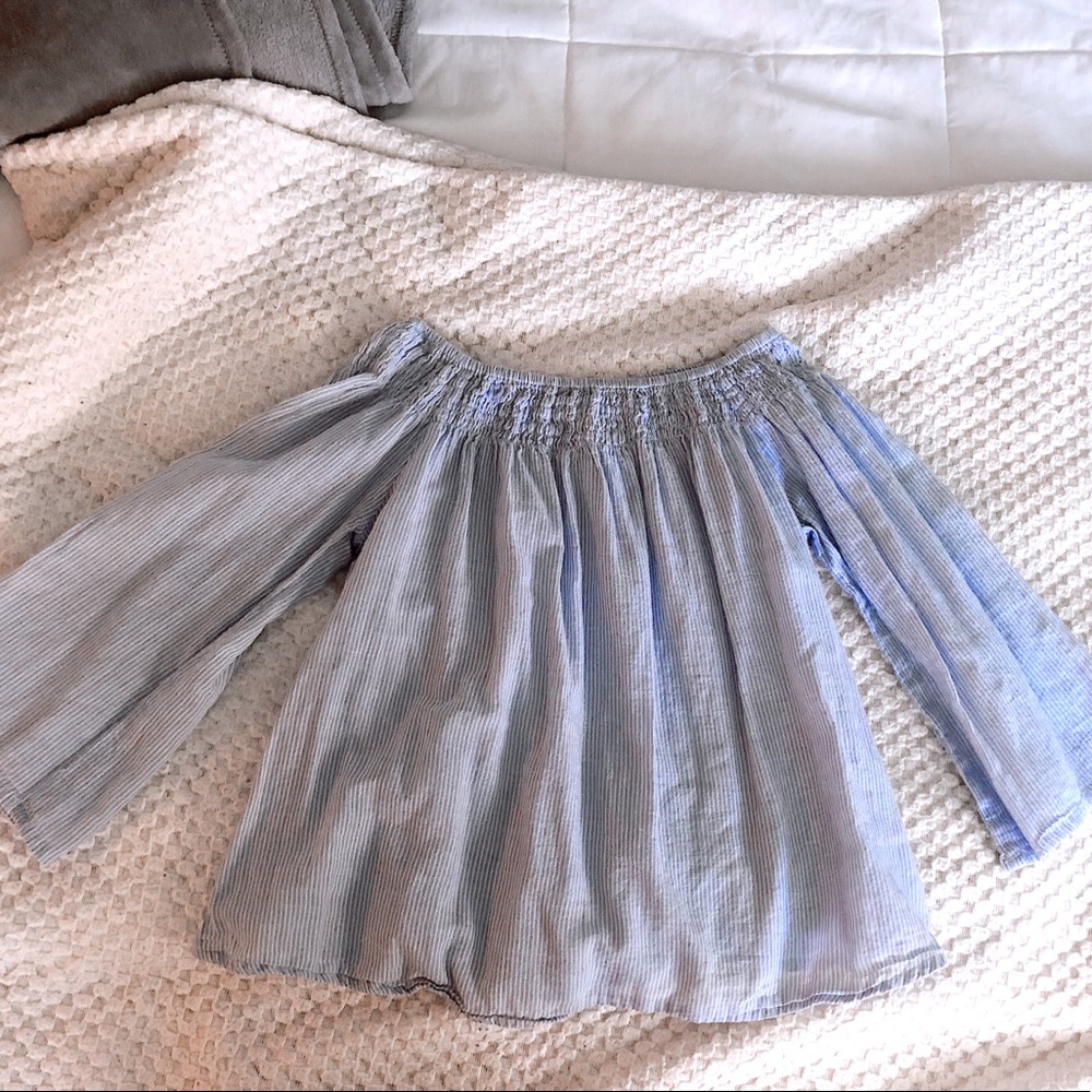 blue striped off the shoulder top